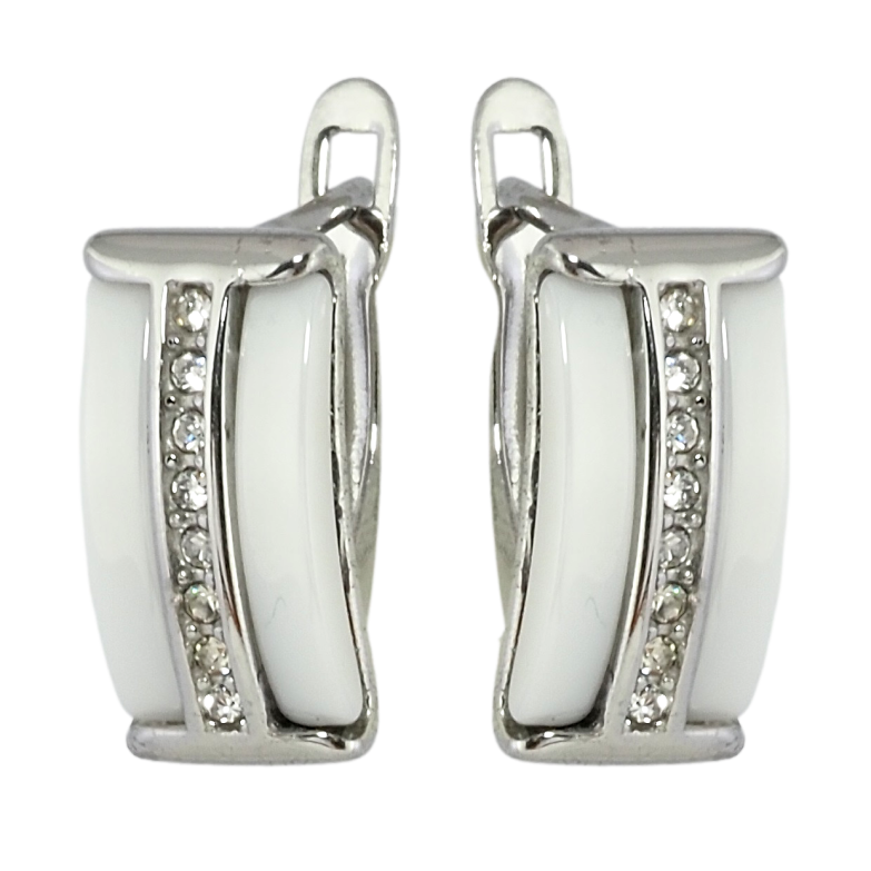Сережки Xuping TTM Stainless Steel колір Родій англійський замок Доріжки цирконію із вставками біла кераміка фото №2 Сережки Xuping TTM Stainless Steel колір Родій англійський замок Доріжки цирконію із вставками біла кераміка фото №2