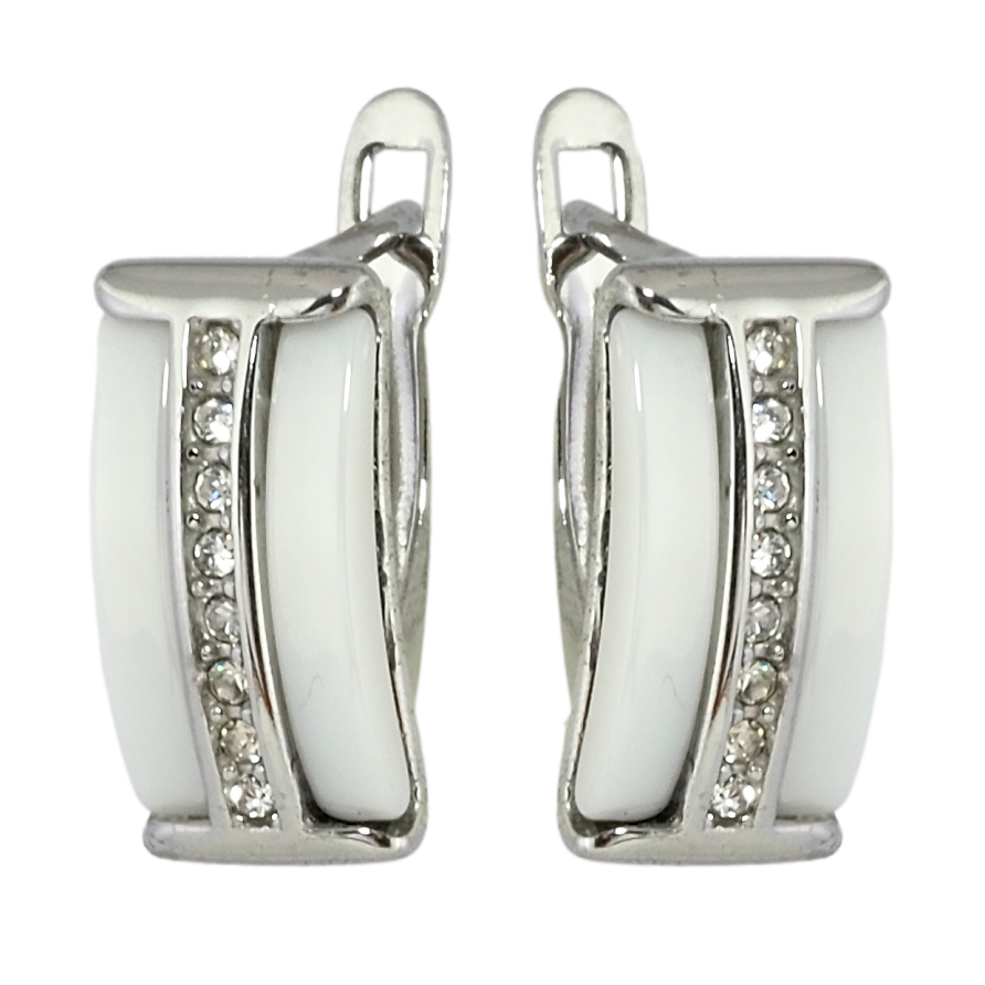 Сережки Xuping TTM Stainless Steel колір Родій англійський замок Доріжки цирконію із вставками біла кераміка фото №1 Сережки Xuping TTM Stainless Steel колір Родій англійський замок Доріжки цирконію із вставками біла кераміка фото №1