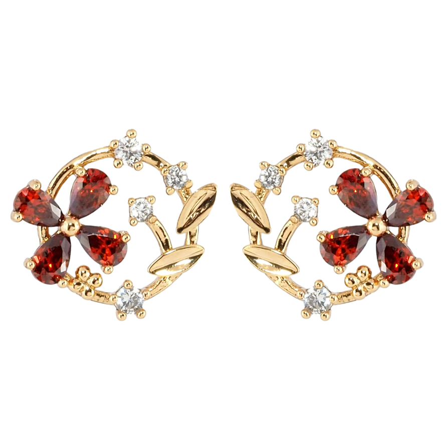 Серьги Xuping Позолота 18K пусеты Веночки с красными фианитами фото №1