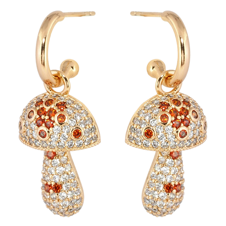 Серьги Xuping Позолота 18K пусеты Грибочки инкрустация бело-красным цирконием 2 в 1 фото №2