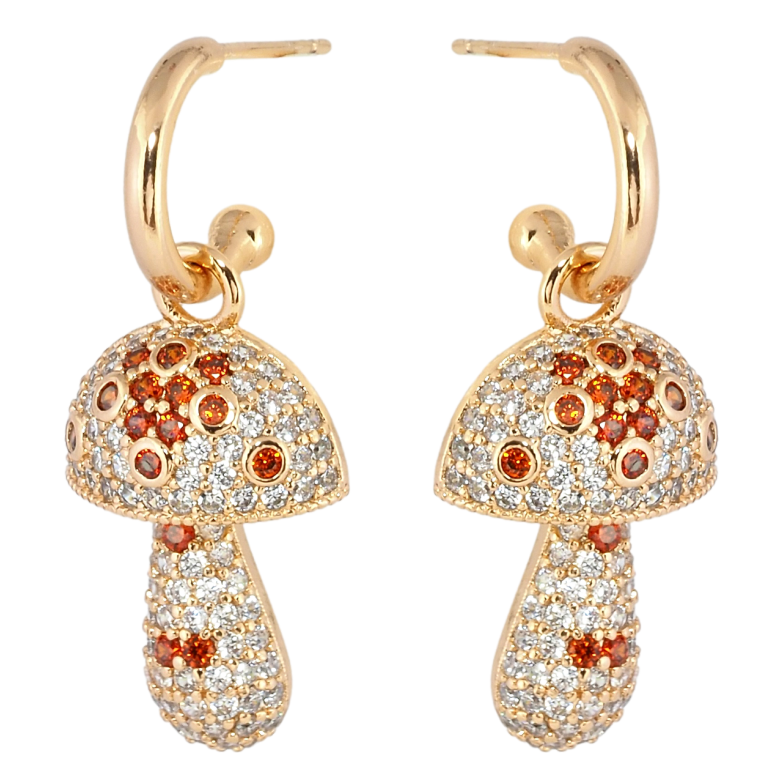 Сережки Xuping Позолота 18K пусети Грибочки інкрустація біло-червоним цирконієм 2 в 1 фото №2