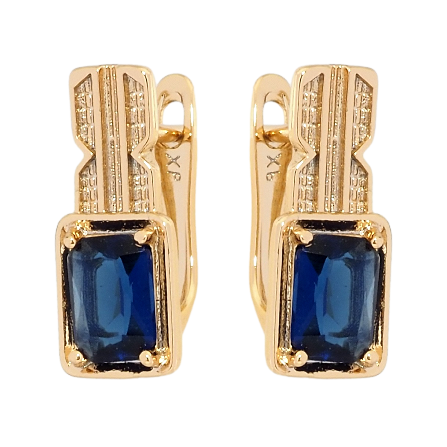 Серьги Xuping Позолота 18K английский замок Синие фианиты на фигурной дужке фото №1 Серьги Xuping Позолота 18K английский замок Синие фианиты на фигурной дужке фото №1