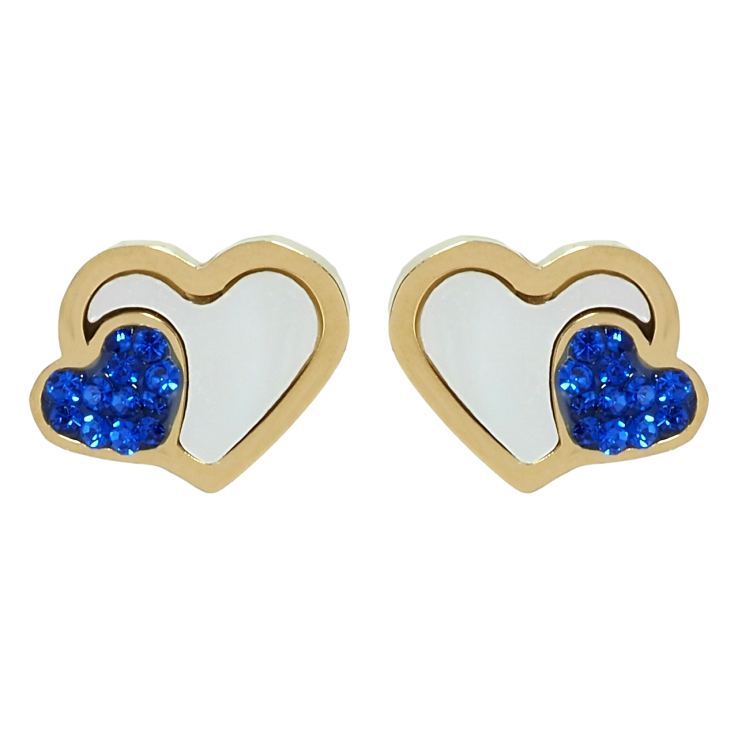 Серьги Xuping TTM Stainless Steel цвет 14K пусеты Сердечки с перламутровыми вставками и синими кристаллами фото №15