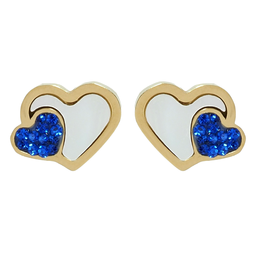 Серьги Xuping TTM Stainless Steel цвет 14K пусеты Сердечки с перламутровыми вставками и синими кристаллами фото №1 Серьги Xuping TTM Stainless Steel цвет 14K пусеты Сердечки с перламутровыми вставками и синими кристаллами фото №1