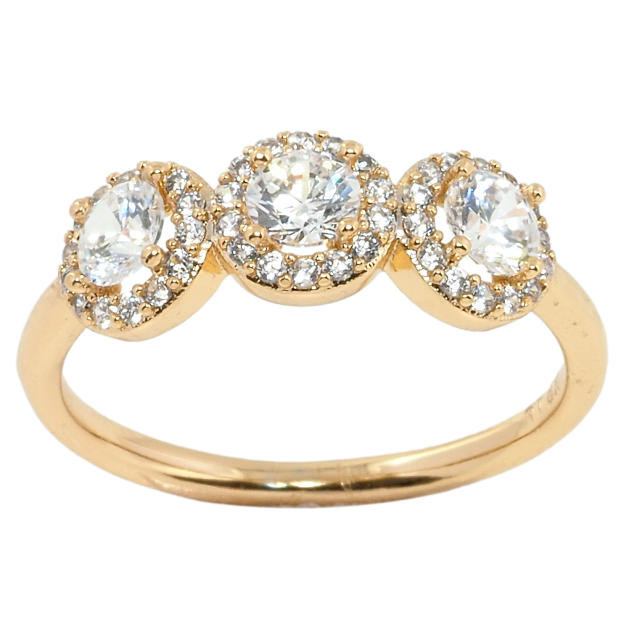 Каблучка Xuping Позолота 18K Три фіаніти в обрамленні цирконію фото №1 Каблучка Xuping Позолота 18K Три фіаніти в обрамленні цирконію фото №1