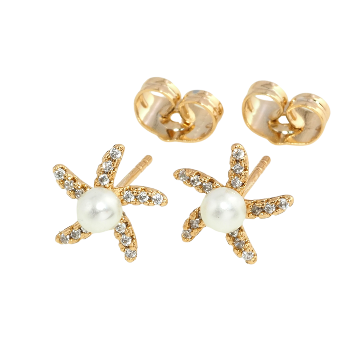 Серьги Xuping Позолота 18K пусеты Звезочки с цирконием и жемчужинами фото №10 Серьги Xuping Позолота 18K пусеты Звезочки с цирконием и жемчужинами фото №10