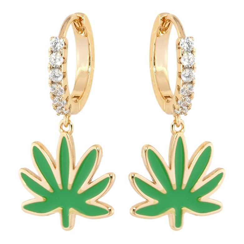 Серьги Xuping Позолота 18K подвески на колечках Листики зеленая эмаль фото №5