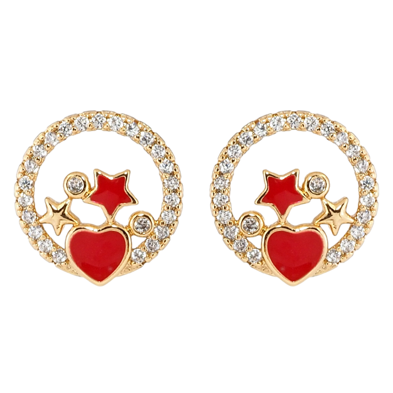 Сережки Xuping Позолота 18K пусети Зірки в колечках цирконію з червоною емаллю фото №1 Сережки Xuping Позолота 18K пусети Зірки в колечках цирконію з червоною емаллю фото №1