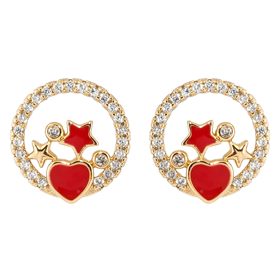 Серьги Xuping Позолота 18K пусеты Звезды в колечках циркония с красной эмалью фото №1 Серьги Xuping Позолота 18K пусеты Звезды в колечках циркония с красной эмалью фото №1