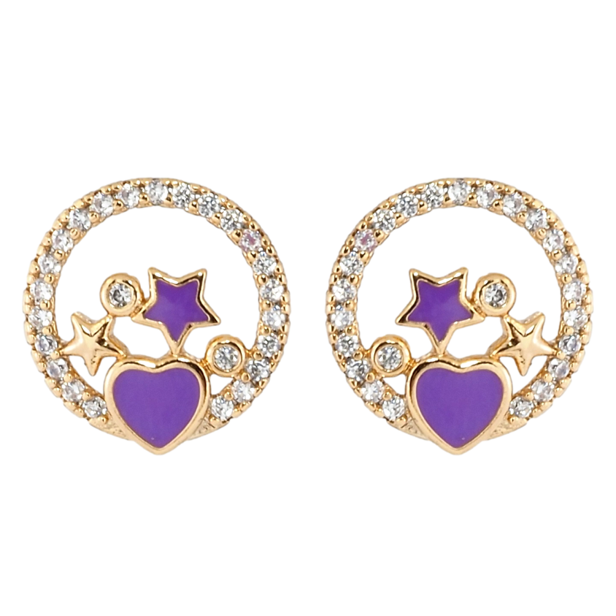 Серьги Xuping Позолота 18K пусеты Звезды в колечках циркония с сиреневой эмалью фото №1 Серьги Xuping Позолота 18K пусеты Звезды в колечках циркония с сиреневой эмалью фото №1