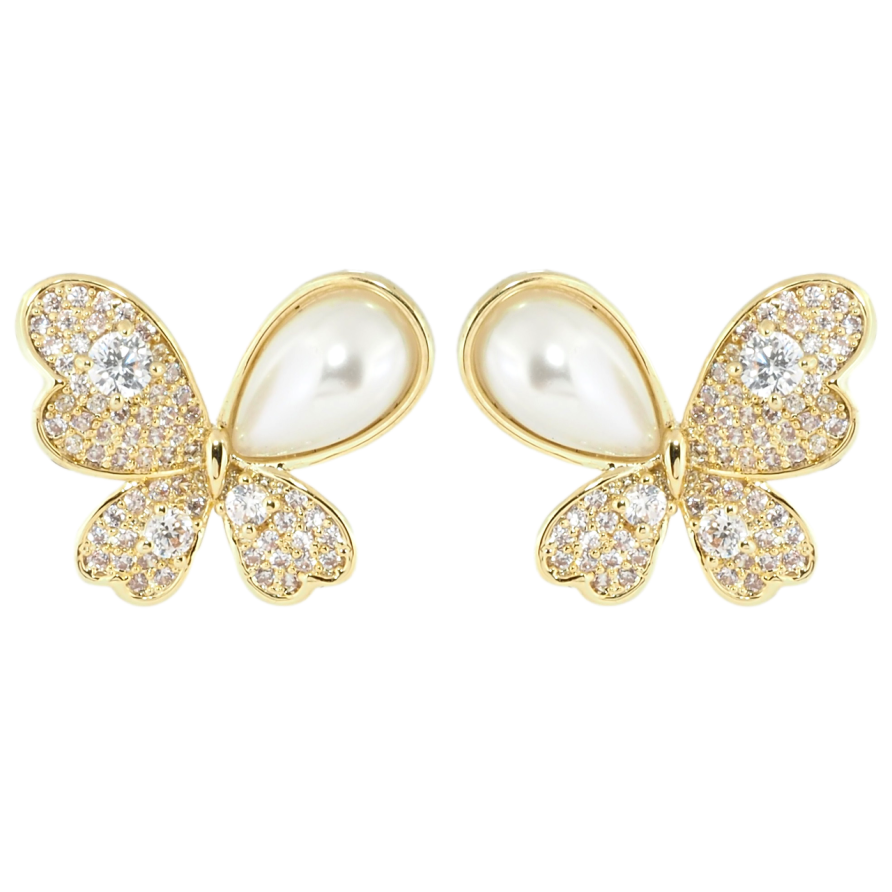 Сережки Xuping QQMM Позолота 14K пусети Метелики з інкрустацією цирконієм та перламутровими намистинами фото №1 Сережки Xuping QQMM Позолота 14K пусети Метелики з інкрустацією цирконієм та перламутровими намистинами фото №1