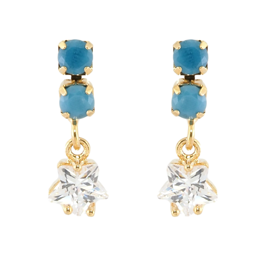 Серьги Xuping Позолота 18K пусеты Голубые дорожки с подвесками кристальные звездочки фото №1 Серьги Xuping Позолота 18K пусеты Голубые дорожки с подвесками кристальные звездочки фото №1
