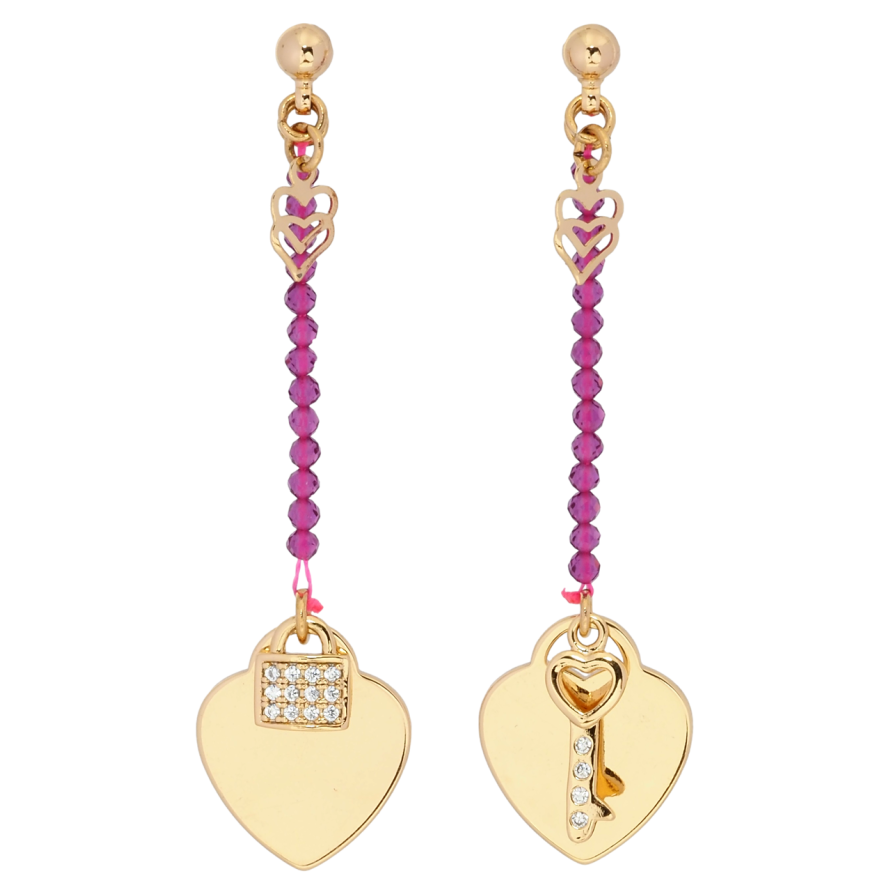 Серьги Xuping Позолота 18K пусеты Сердечки с замочком и ключиком на веревке с розовыми бусинами фото №1 Серьги Xuping Позолота 18K пусеты Сердечки с замочком и ключиком на веревке с розовыми бусинами фото №1