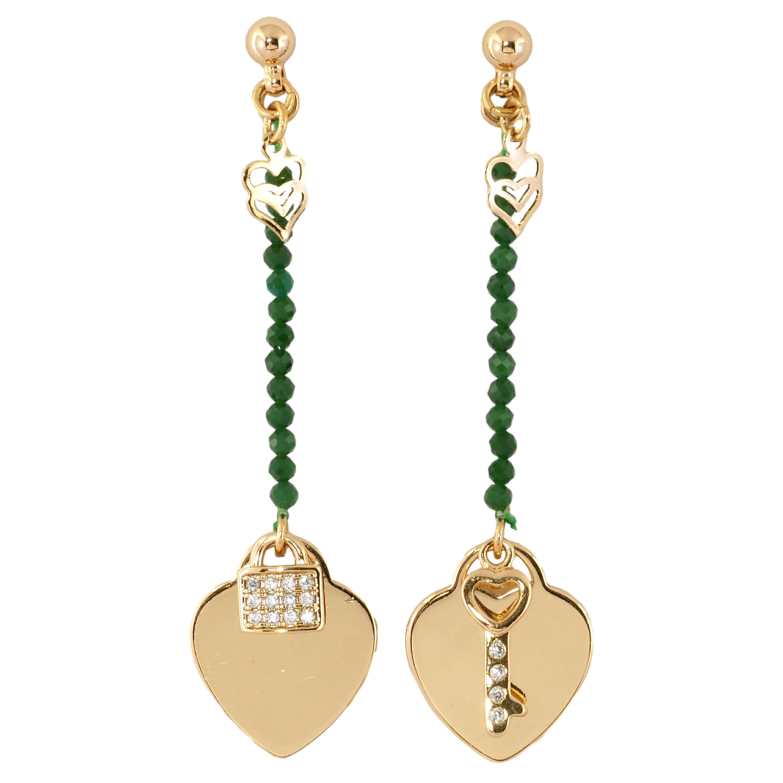 Сережки Xuping Позолота 18K пусети Сердечки із замочком та ключиком на мотузці із зеленими намистинами фото №11 Сережки Xuping Позолота 18K пусети Сердечки із замочком та ключиком на мотузці із зеленими намистинами фото №11