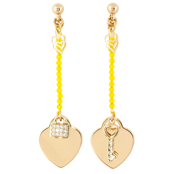Серьги Xuping Позолота 18K пусеты Сердечки с замочком и ключиком на веревке с желтыми бусинами фото №23