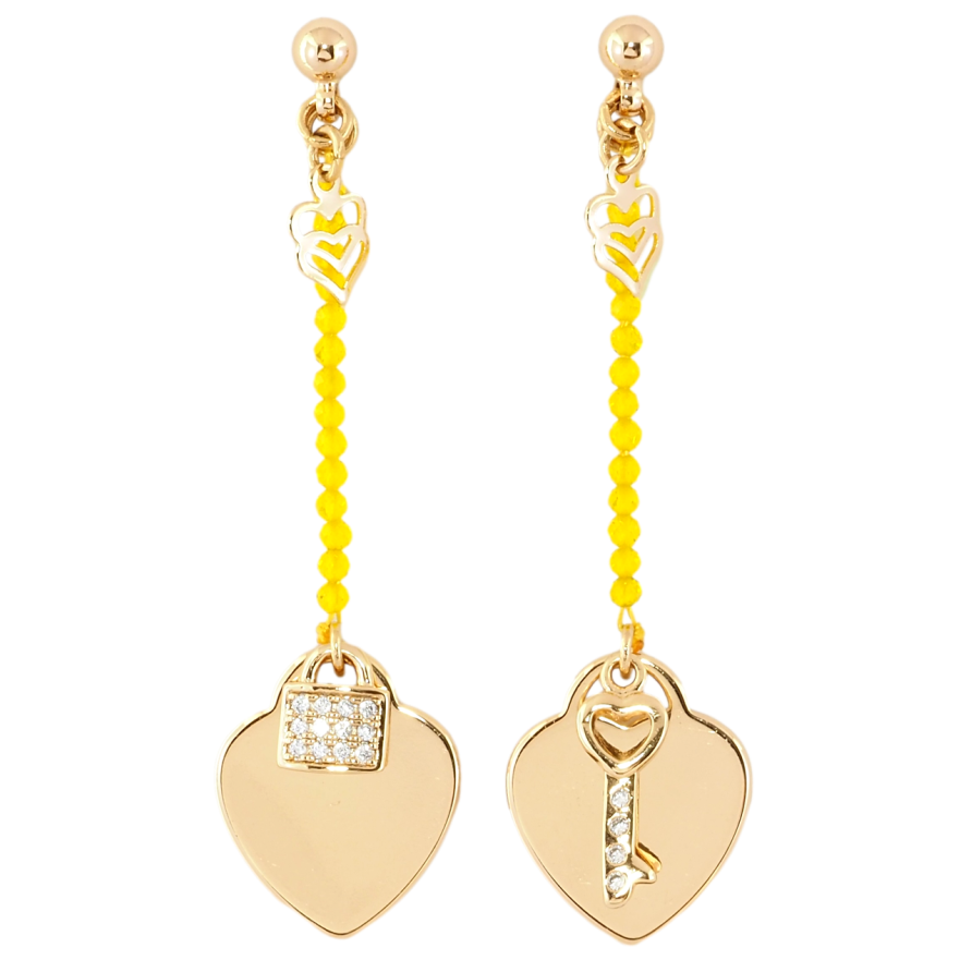 Серьги Xuping Позолота 18K пусеты Сердечки с замочком и ключиком на веревке с желтыми бусинами фото №1