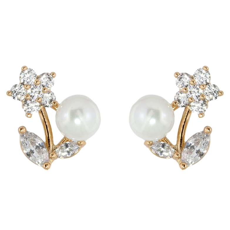 Сережки Xuping Позолота 18K пусети Кристальні квіточки з перлинами фото №1 Сережки Xuping Позолота 18K пусети Кристальні квіточки з перлинами фото №1