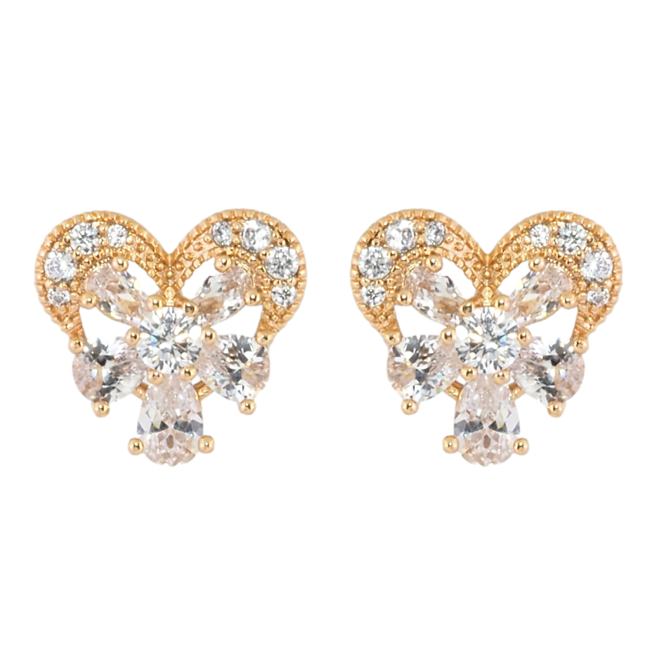 Серьги Xuping Позолота 18K пусеты Сердечки с кристальными цветочками фото №19