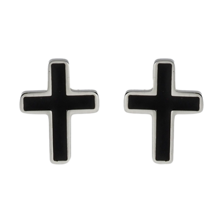 Сережки Xuping TTM Stainless Steel колір Родій пусети Хрестики з чорною емаллю фото №2