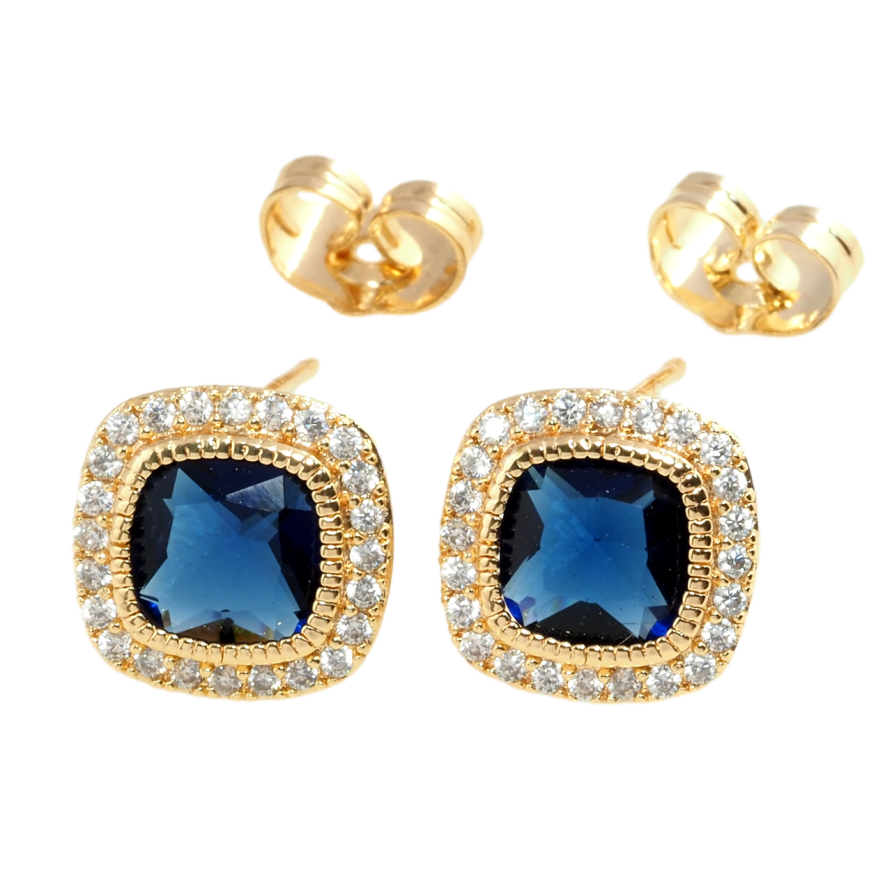 Серьги Xuping Позолота 18K пусеты Синие фианиты в обрамлении циркония 11х11мм фото №1