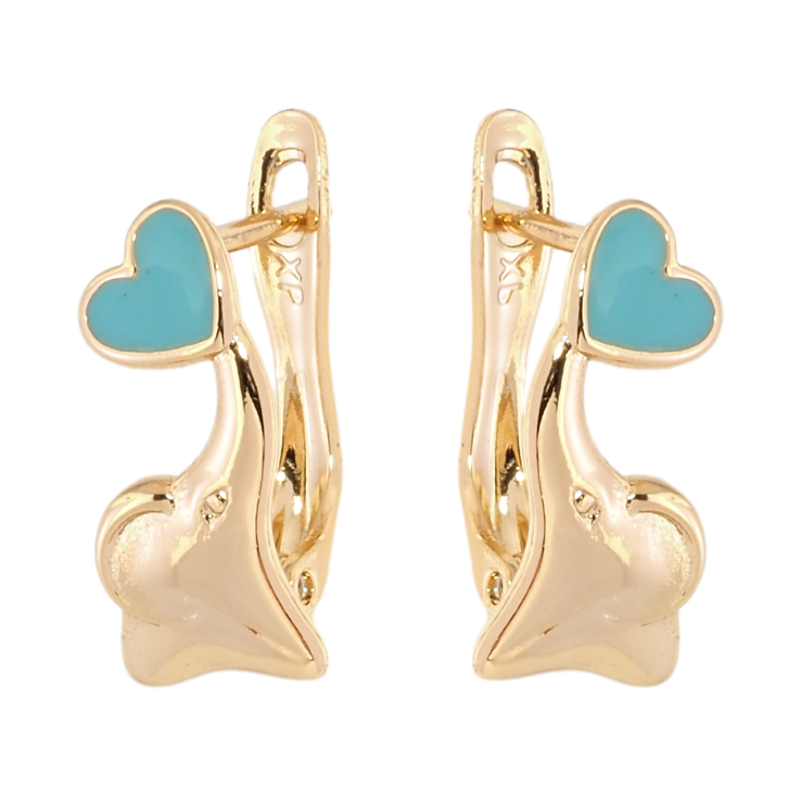 Серьги детские Xuping Позолота 18K английский замок Слоники с бирюзовыми сердечками фото №11 Серьги детские Xuping Позолота 18K английский замок Слоники с бирюзовыми сердечками фото №11