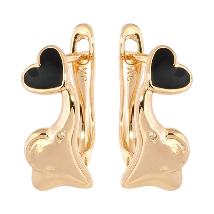 Серьги детские Xuping Позолота 18K английский замок Слоники с черными сердечками фото №1 Серьги детские Xuping Позолота 18K английский замок Слоники с черными сердечками фото №1