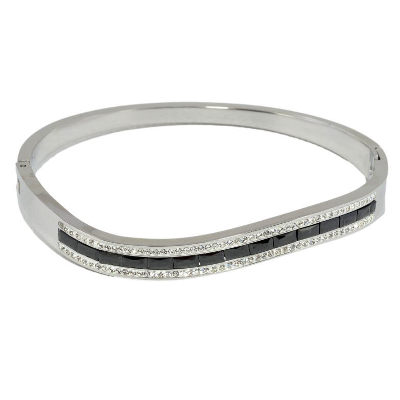 Браслет Xuping ТТМ Stainless Steel колір Родій Хвиляста доріжка чорних фіанітів та цирконію ø 5.7см фото №5 Браслет Xuping ТТМ Stainless Steel колір Родій Хвиляста доріжка чорних фіанітів та цирконію ø 5.7см фото №5