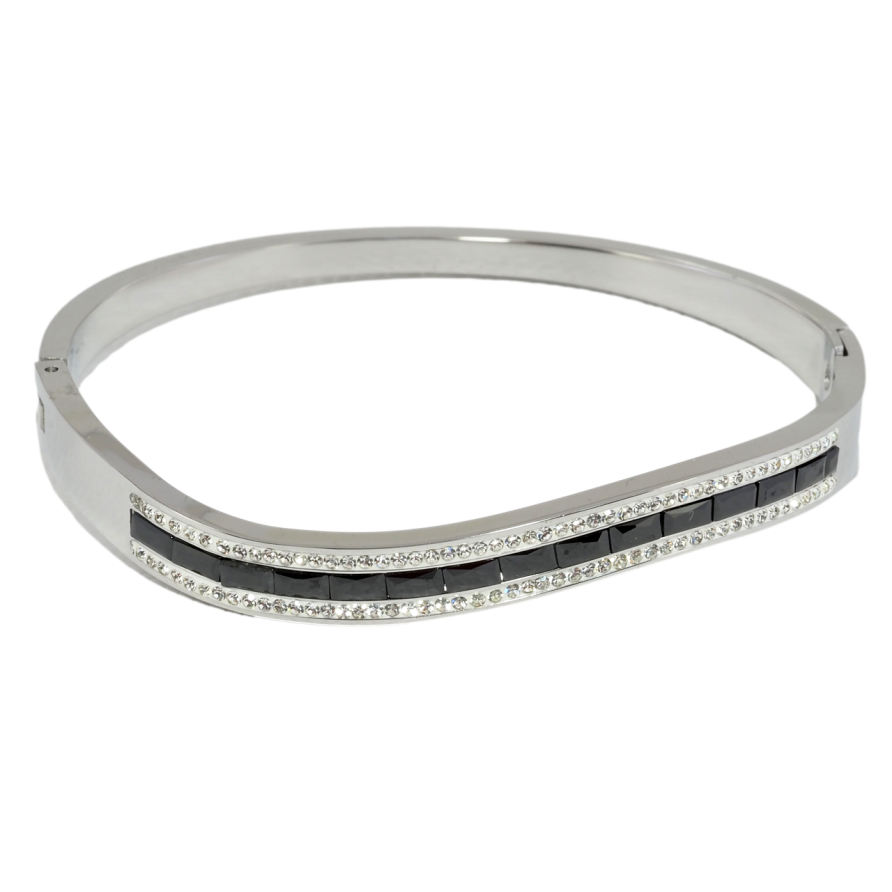 Браслет Xuping ТТМ Stainless Steel цвет Родий Волнистая дорожка черных фианитов и циркония ø 5.7см фото №1 Браслет Xuping ТТМ Stainless Steel цвет Родий Волнистая дорожка черных фианитов и циркония ø 5.7см фото №1