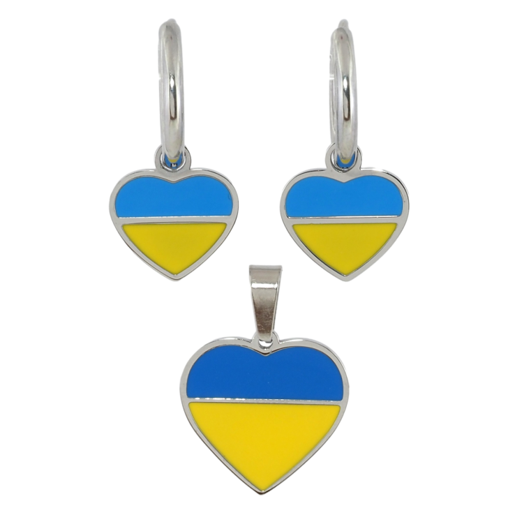Набор Xuping TTM Stainless Steel цвет Родий Серьги Кулон Сердечки желто-голубые фото №3 Набор Xuping TTM Stainless Steel цвет Родий Серьги Кулон Сердечки желто-голубые фото №3