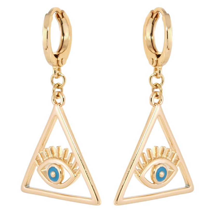 Серьги Xuping Позолота 18K подвески на колечках Всевидящее око с голубой эмалью фото №1 Серьги Xuping Позолота 18K подвески на колечках Всевидящее око с голубой эмалью фото №1