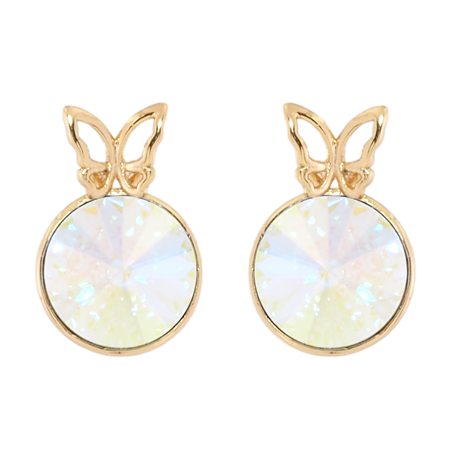 Сережки Xuping колір 18K з кристалами Swarovski пусети Райдужний конусний кристал в оправі з метеликом ø 9мм фото №1 Сережки Xuping колір 18K з кристалами Swarovski пусети Райдужний конусний кристал в оправі з метеликом ø 9мм фото №1