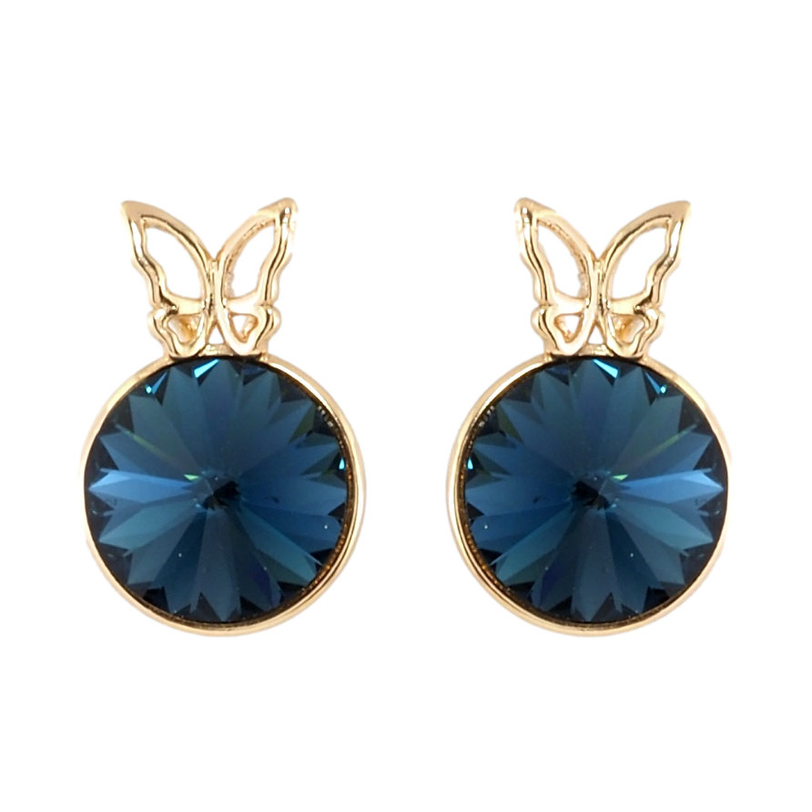 Сережки Xuping колір 18K з кристалами Swarovski пусети Синій кристал конусний в оправі з метеликом ø 9мм фото №1 Сережки Xuping колір 18K з кристалами Swarovski пусети Синій кристал конусний в оправі з метеликом ø 9мм фото №1