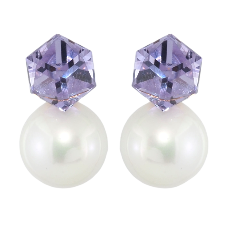 Сережки Xuping колір 18K з кристалами Swarovski пусети Кубик Violet Swarovski Crystal з перлиною фото №13