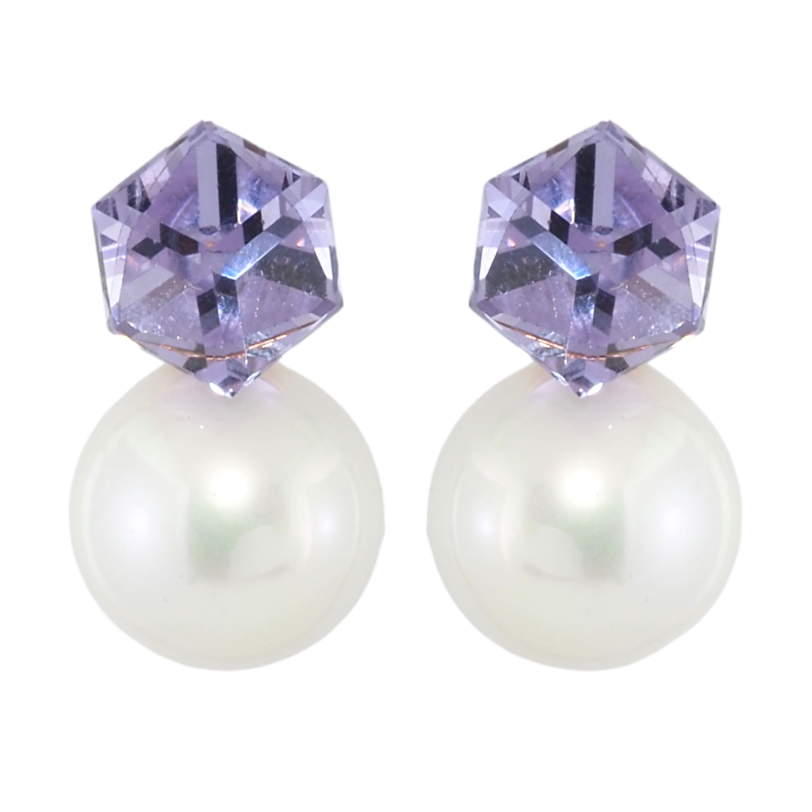 Сережки Xuping колір 18K з кристалами Swarovski пусети Кубик Violet Swarovski Crystal з перлиною фото №1