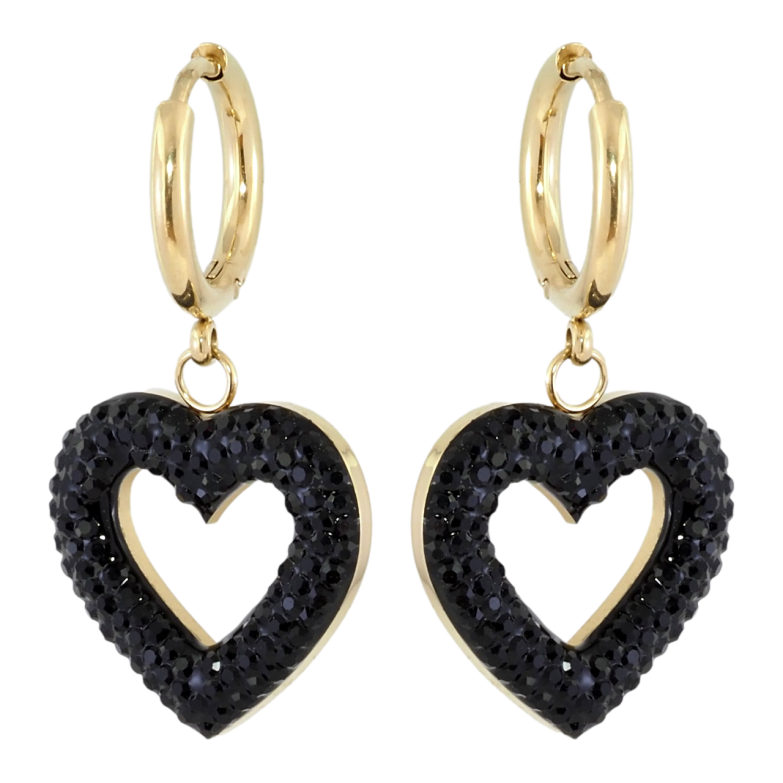 Сережки Xuping TTM Stainless Steel колір 14K підвіски на колечках Серця з чорним цирконієм фото №4