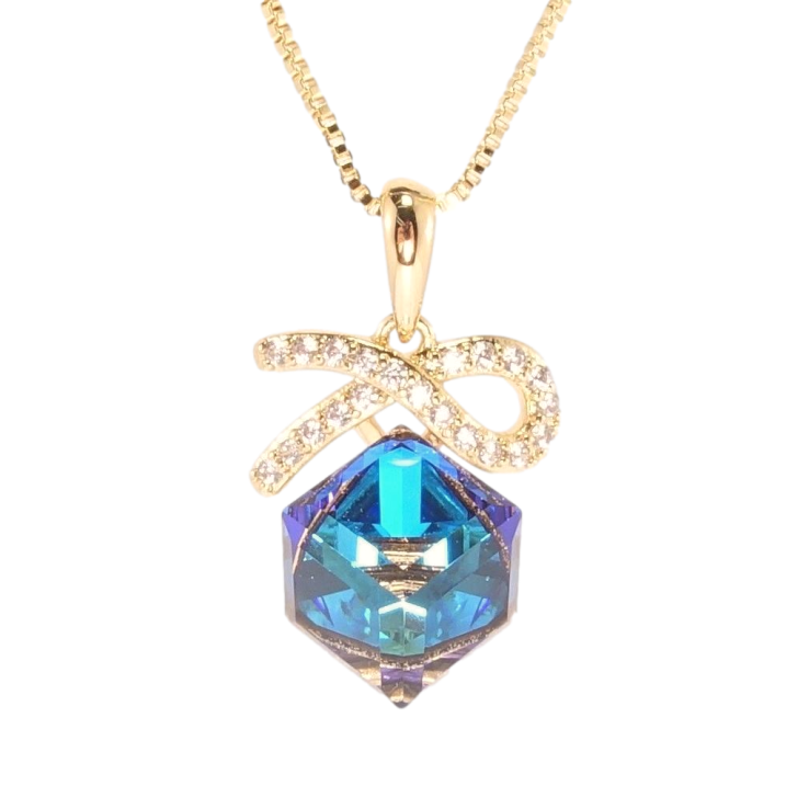 Кулон Xuping 18K з кр-ми Swarovski на ланцюжку Кристальний куб Capri Blue з бантиком довжина 40-45см х 1мм фото №2 Кулон Xuping 18K з кр-ми Swarovski на ланцюжку Кристальний куб Capri Blue з бантиком довжина 40-45см х 1мм фото №2