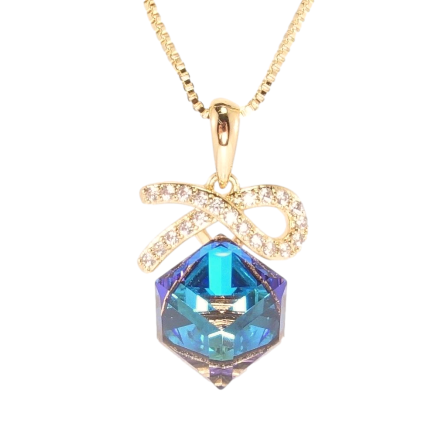 Кулон Xuping 18K з кр-ми Swarovski на ланцюжку Кристальний куб Capri Blue з бантиком довжина 40-45см х 1мм фото №1