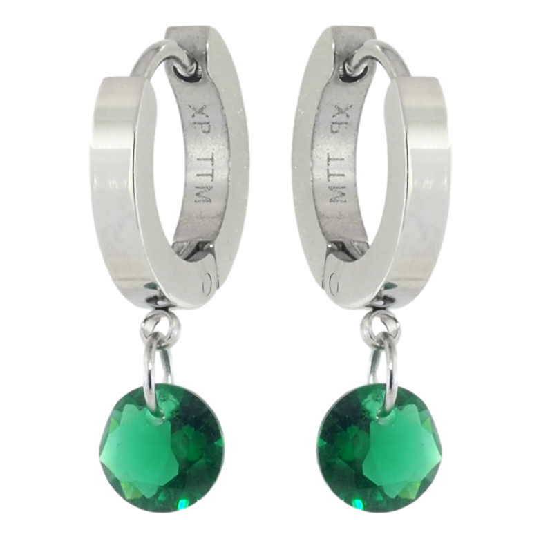 Серьги Xuping TTM Stainless Steel цвет Родий подвески на колечках Зеленые кристаллы ø 6мм фото №1