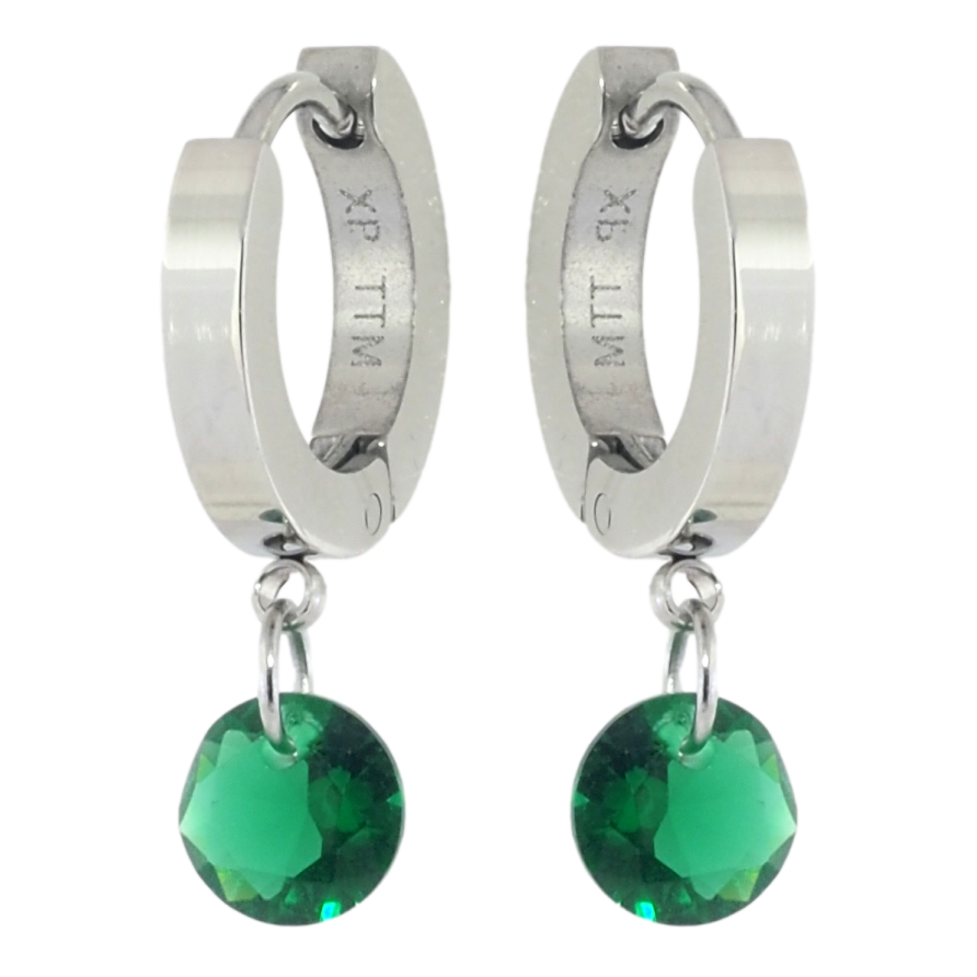 Серьги Xuping TTM Stainless Steel цвет Родий подвески на колечках Зеленые кристаллы ø 6мм фото №1