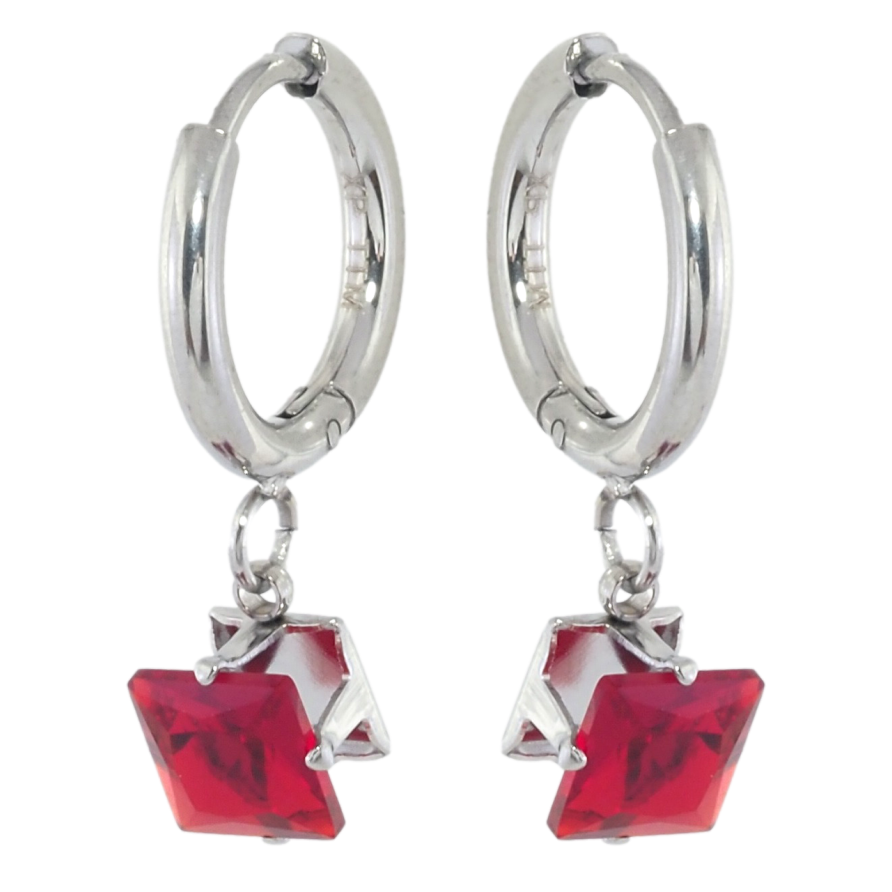 Серьги Xuping TTM Stainless Steel цвет Родий подвески на колечках Красные кристаллы 6х6мм фото №1