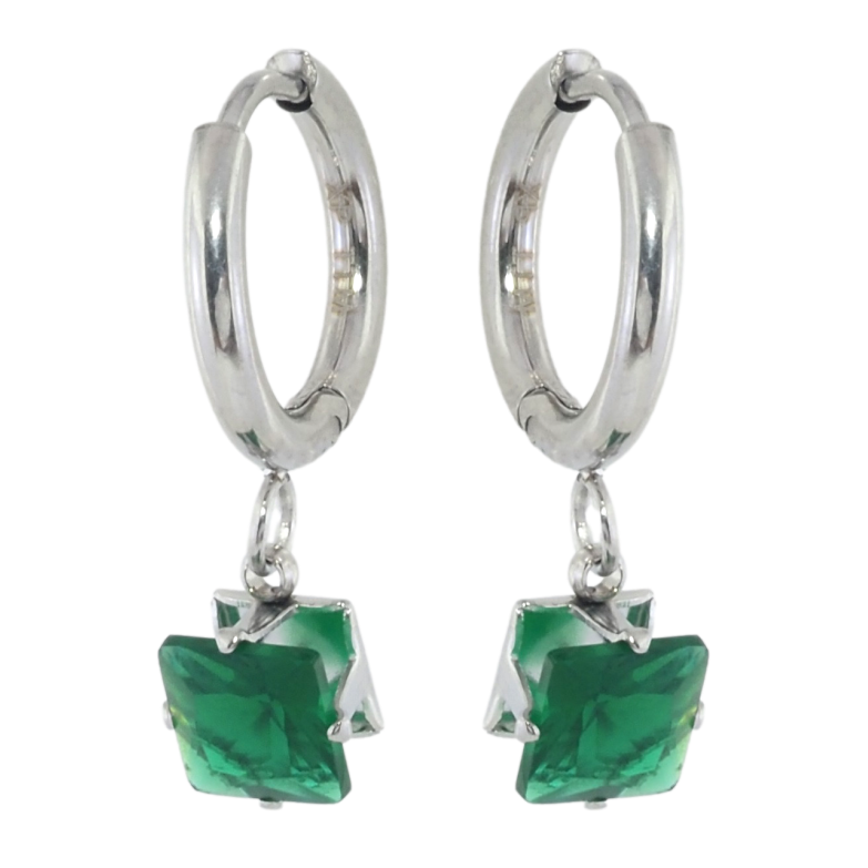 Сережки Xuping TTM Stainless Steel колір Родій підвіски на колечках Зелені кристали 6х6мм фото №1 Сережки Xuping TTM Stainless Steel колір Родій підвіски на колечках Зелені кристали 6х6мм фото №1