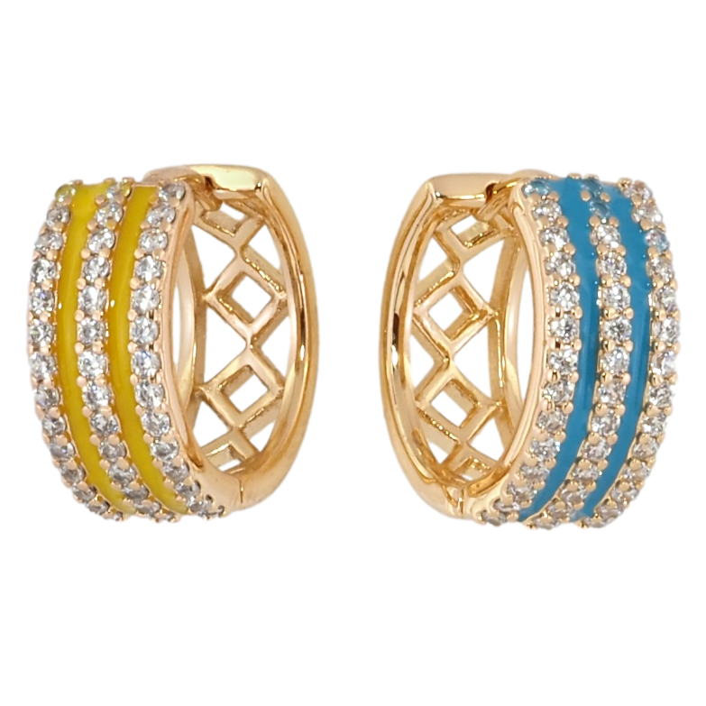 Сережки Xuping колір 18K колечки Доріжки кристалов з жовто-блакитною емаллю фото №2 Сережки Xuping колір 18K колечки Доріжки кристалов з жовто-блакитною емаллю фото №2