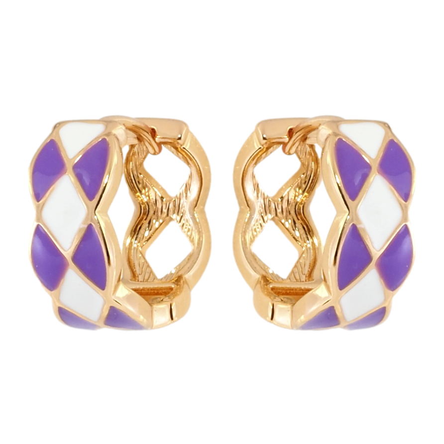 Серьги Xuping Позолота 18K колечки Узор с бело-сиреневой эмалью фото №1 Серьги Xuping Позолота 18K колечки Узор с бело-сиреневой эмалью фото №1