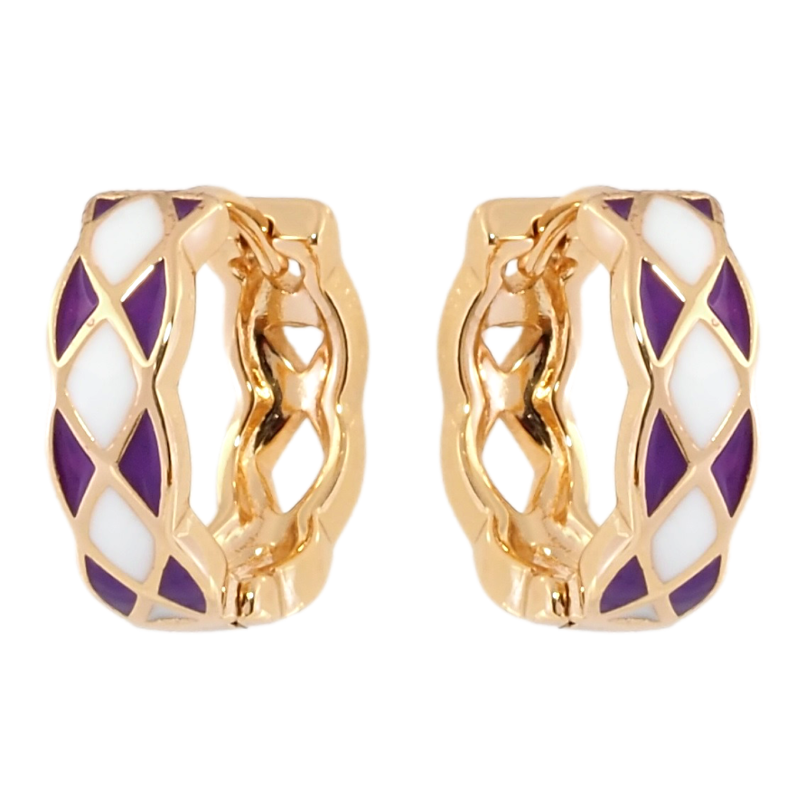 Серьги Xuping Позолота 18K колечки Узор с бело-сиреневой эмалью фото №1 Серьги Xuping Позолота 18K колечки Узор с бело-сиреневой эмалью фото №1