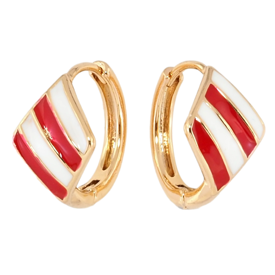 Серьги Xuping Позолота 18K колечки Ромбы с красно-белой эмалью на одну сторону фото №1 Серьги Xuping Позолота 18K колечки Ромбы с красно-белой эмалью на одну сторону фото №1