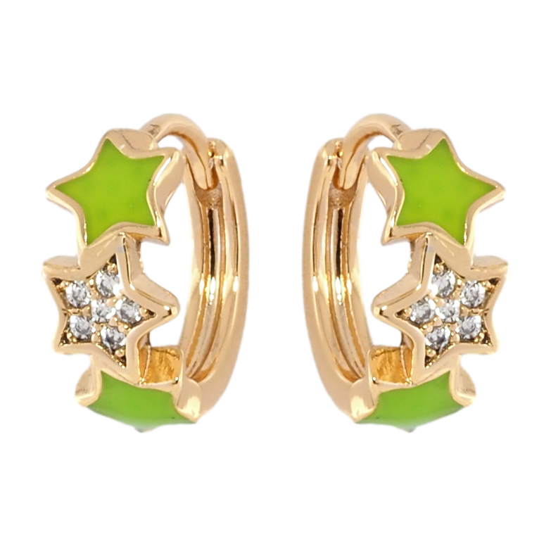 Сережки Xuping Позолота 18K колечка Зірки з салатовою емаллю та цирконієм фото №1 Сережки Xuping Позолота 18K колечка Зірки з салатовою емаллю та цирконієм фото №1