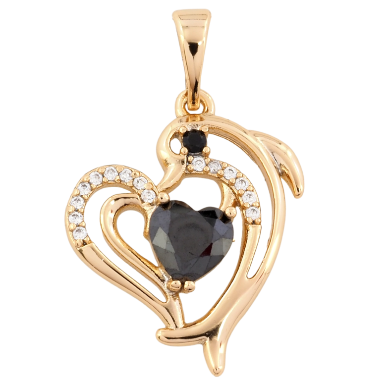 Кулон Xuping Позолота 18K Дельфин с черным кристальным сердечком для цепочки до 5мм фото №1