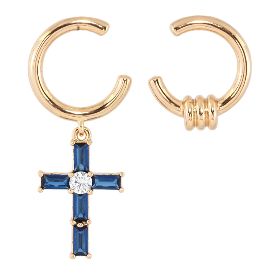 Серьги Xuping Позолота 18K пусеты Ассиметричные подвески с синим кристальным крестиком фото №1 Серьги Xuping Позолота 18K пусеты Ассиметричные подвески с синим кристальным крестиком фото №1