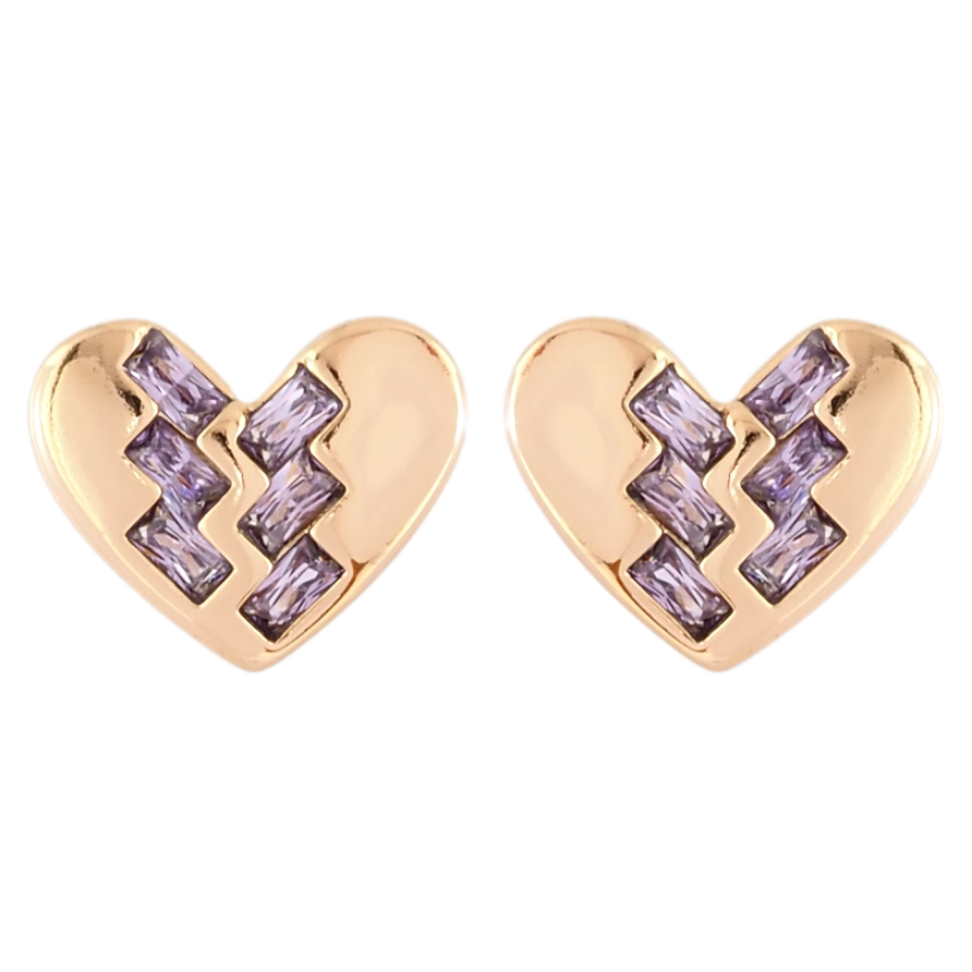 Серьги Xuping Позолота 18K пусеты Сердечки с узором сиреневыми фианитами фото №1 Серьги Xuping Позолота 18K пусеты Сердечки с узором сиреневыми фианитами фото №1