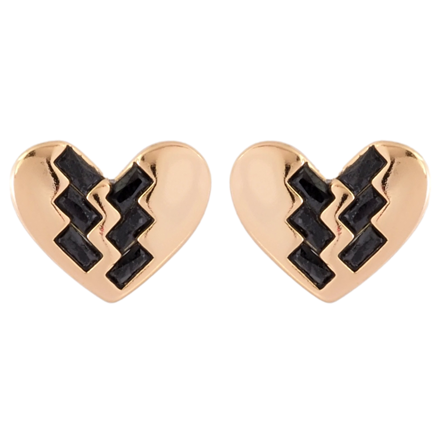 Серьги Xuping Позолота 18K пусеты Сердечки с узором черными фианитами фото №1 Серьги Xuping Позолота 18K пусеты Сердечки с узором черными фианитами фото №1